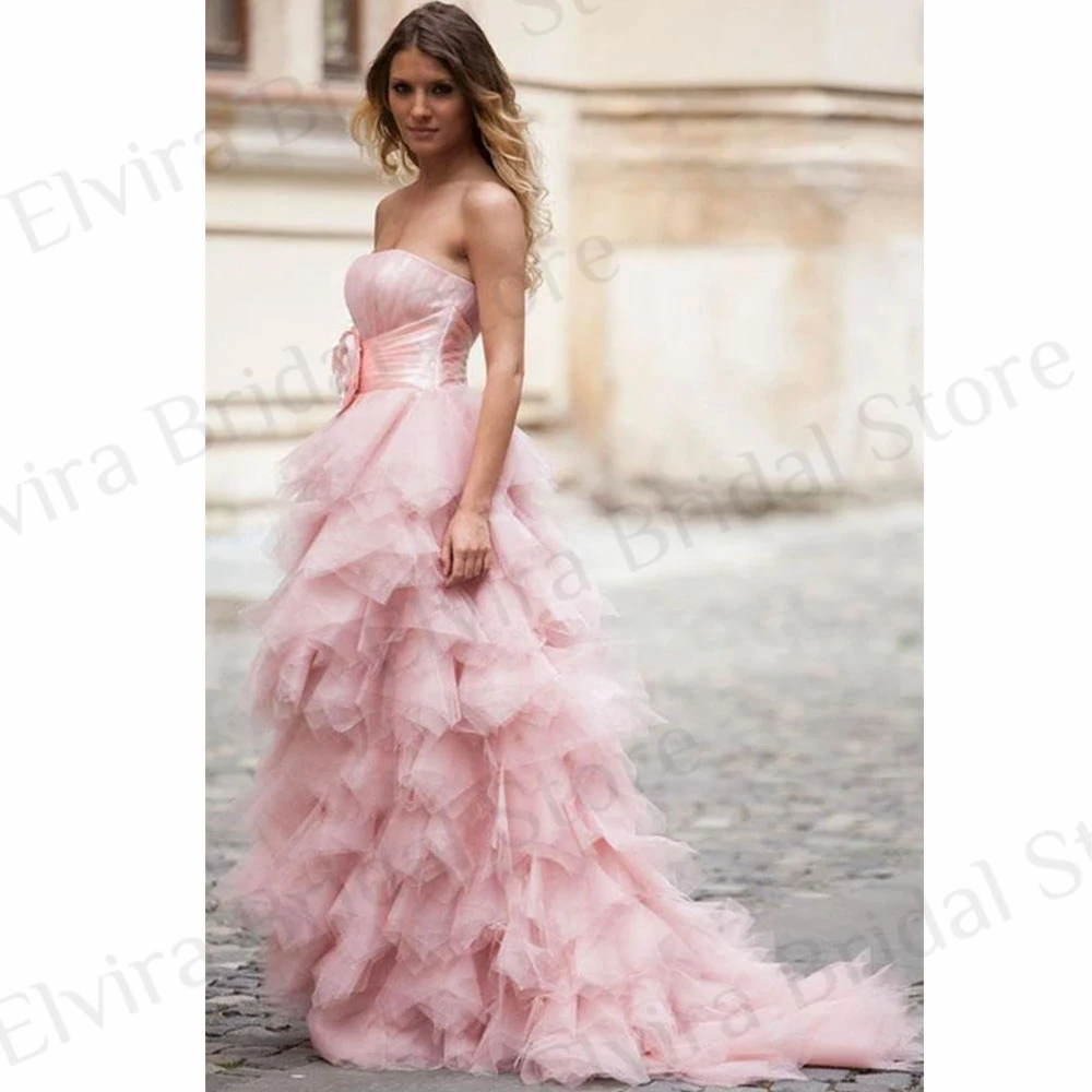 Vestidos de graduación de flores románticas, línea A sin tirantes, tren de corte con volantes, espalda descubierta de múltiples capas, vestidos de fiesta formales sin mangas