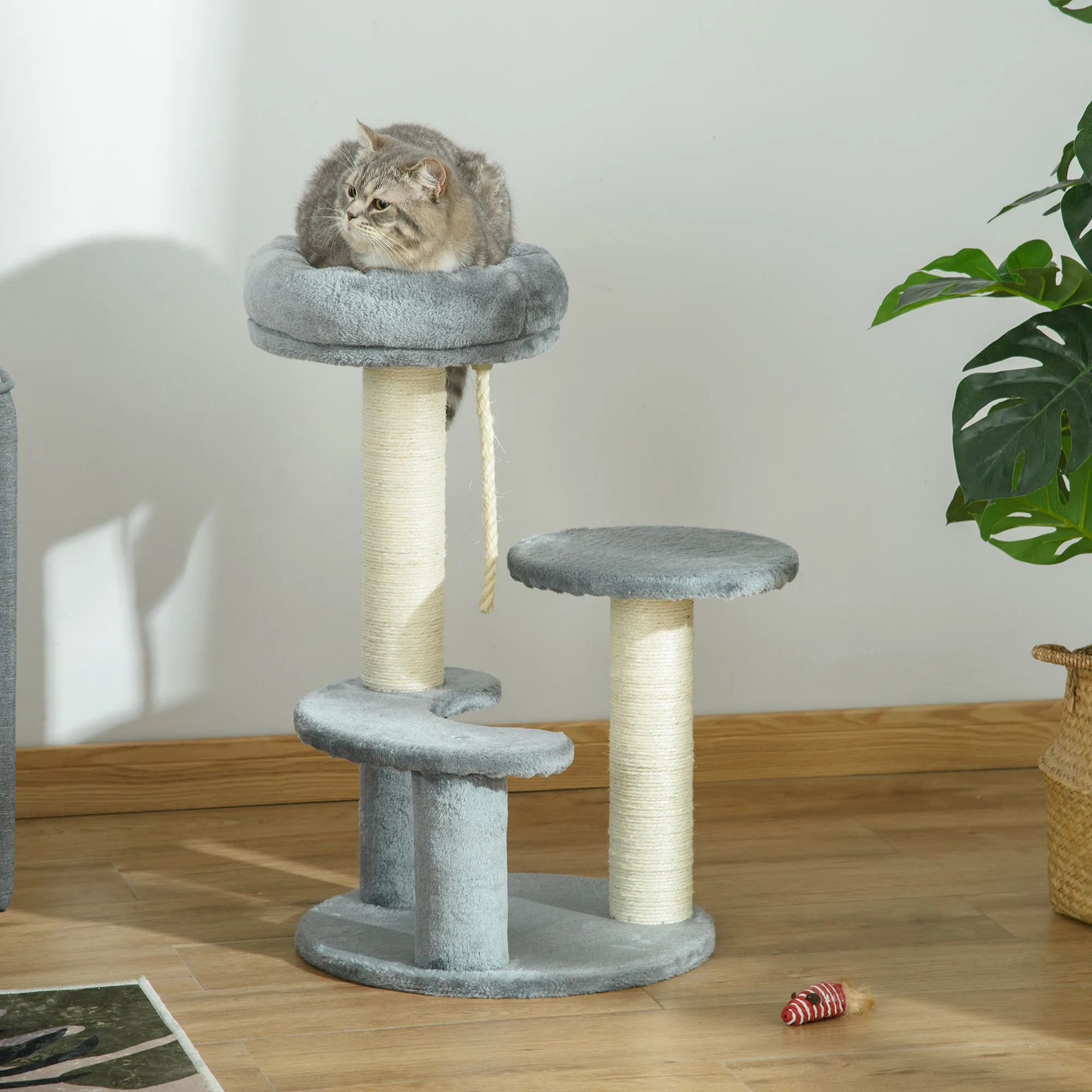 Arbre à chat, tour pour chat, poteaux à gratter en sisal naturel, peluche grise haute densité, 3 plateformes, meubles et lits d'intérieur pour animaux de compagnie avec corde suspendue, jouets interactifs pour chat, station de repos et de jeu multifonctionnelle, fournitures et accessoires pour chatons et chats adultes