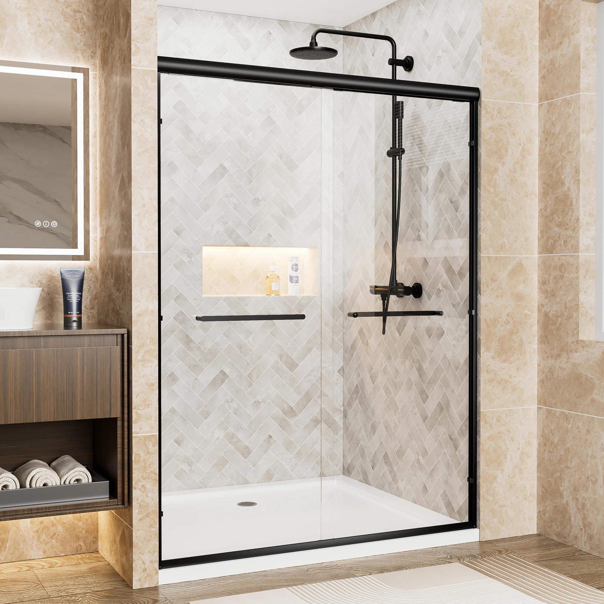 

Двойная раздвижная душевая дверь размером 54 x 72 дюйма, матовая черная алюминиевая рама, закаленное стекло 6 мм с взрывозащищенной пленкой, душ для ванной комнаты