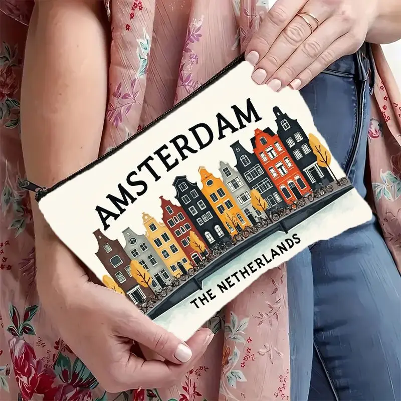 1Pc Dutch Canal-Side Colorful Gable-Fronted House with Bicycle Vintage Design Multifunctional Travel Makeup Bag, Snack Storage Bag, Stationery Storage Bag, Fashionable Toiletry Bag, Canvas Double-Sided Printed Zipper Pouch