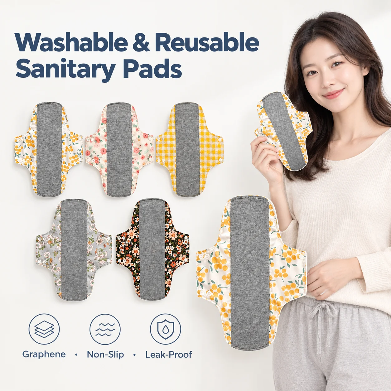 2Pcs Washable Reusable Graphene Cloth Sanitary Pads Absorbent Leakproof Breathable Postpartum Menstrual Period Pads Eco Friendly