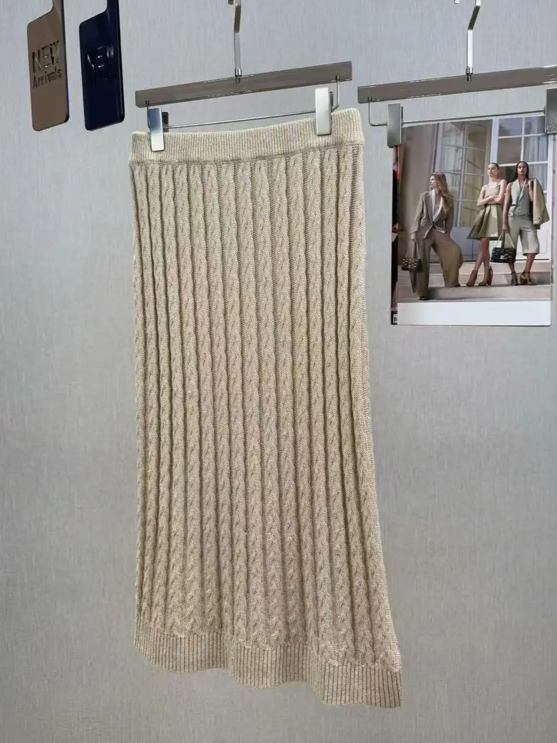 Elegant women's solid color blended cotton linen sequined knitted skirt suit