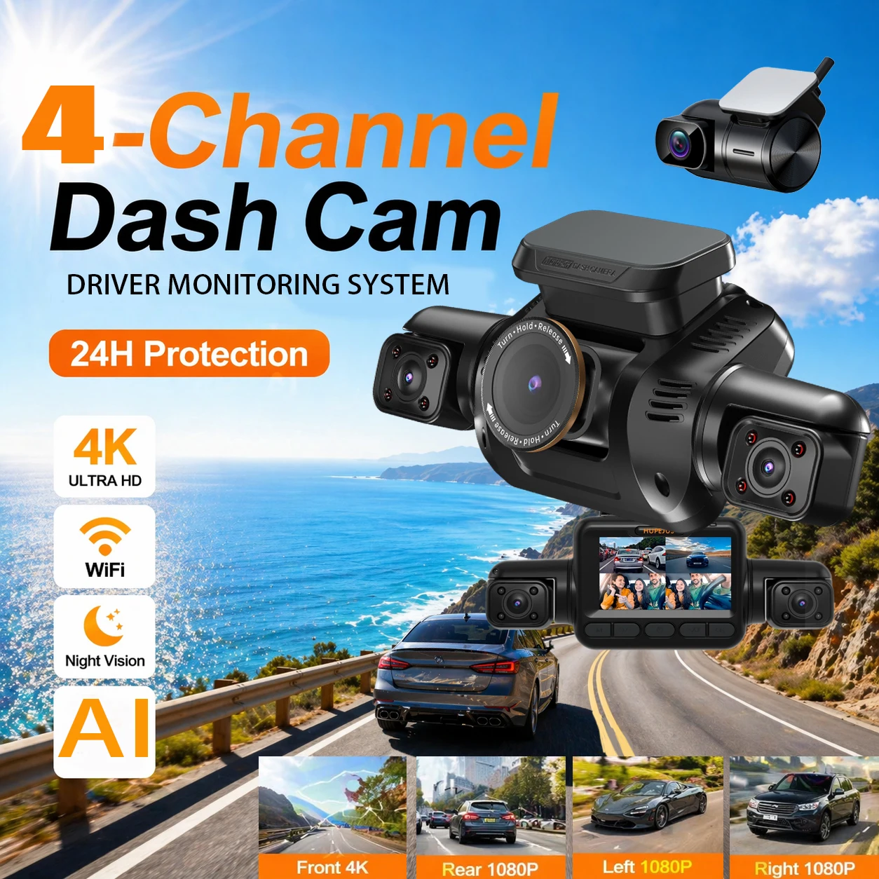 HUPEJOS V8Pro-4CH 360 °   Sistema de monitorización de controlador AI Dash Cam 4K GPS WiFi incorporado, visión nocturna, control de voz, modo de estacionamiento 24H