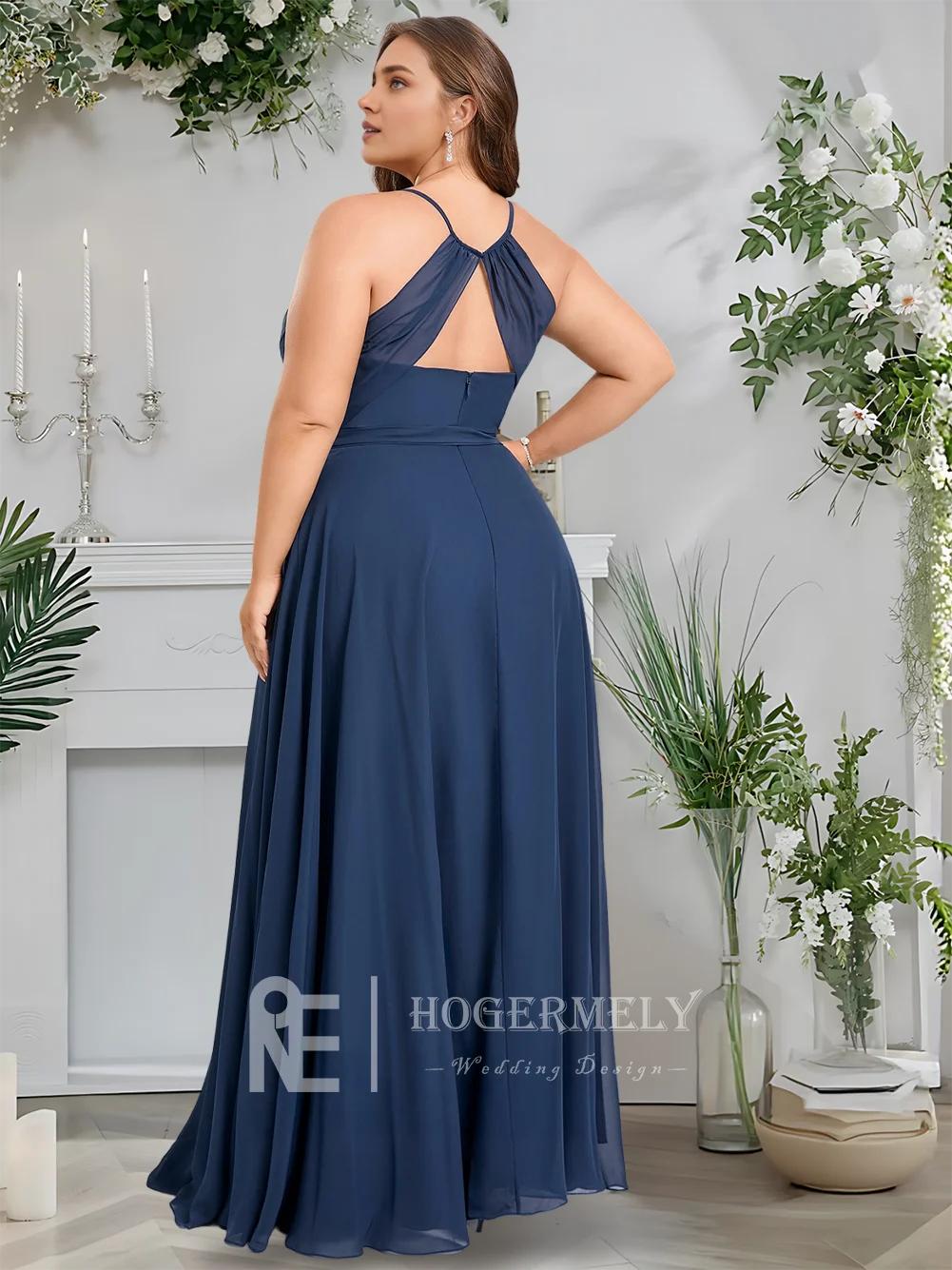 أ ​ فساتين وصيفة العروس أنيقة باللون الأزرق الداكن ورقبة واسعة بطول الأرض شيفون مع وشاح كشكش لحفلات الزفاف فستان الضيوف 2025 ​