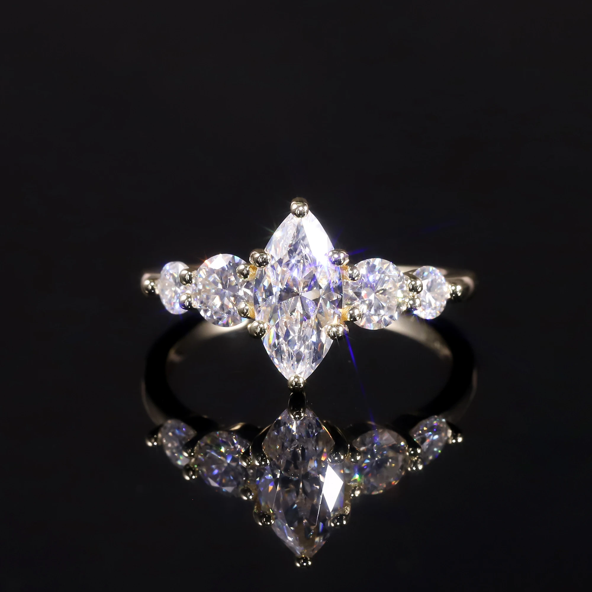 GEM'S BALLET 1.0CTW 5x10mm Marquise Cut Moissanite Five Stone Engagement Ring In 18K Gold Plated Sterling Silver
