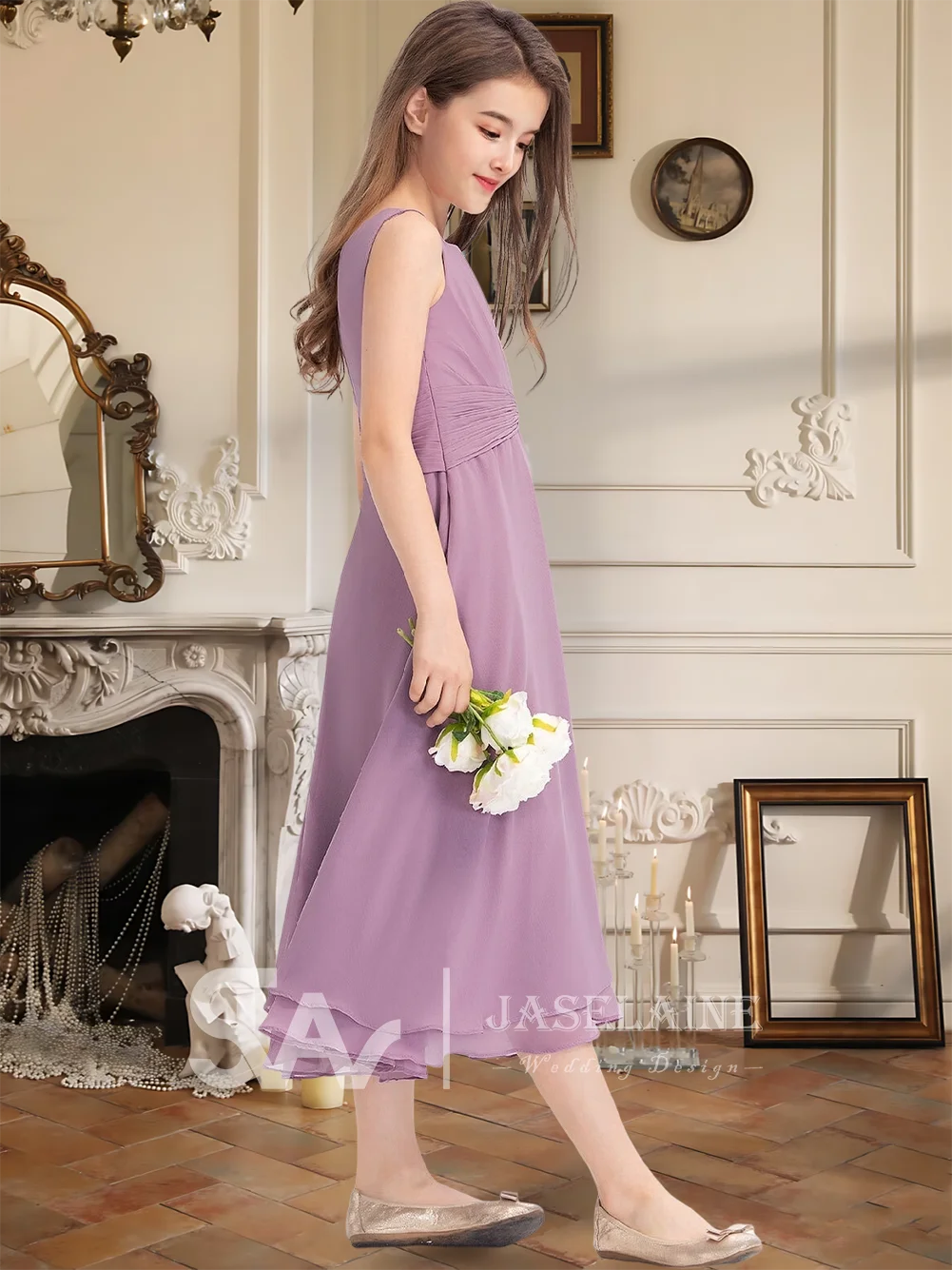 

A Kids Elegant Junior Bridesmaid Dress Chiffon Square Tea-Length Flower Girl Gown A Line Sleeveless Wedding Party Girls Formal