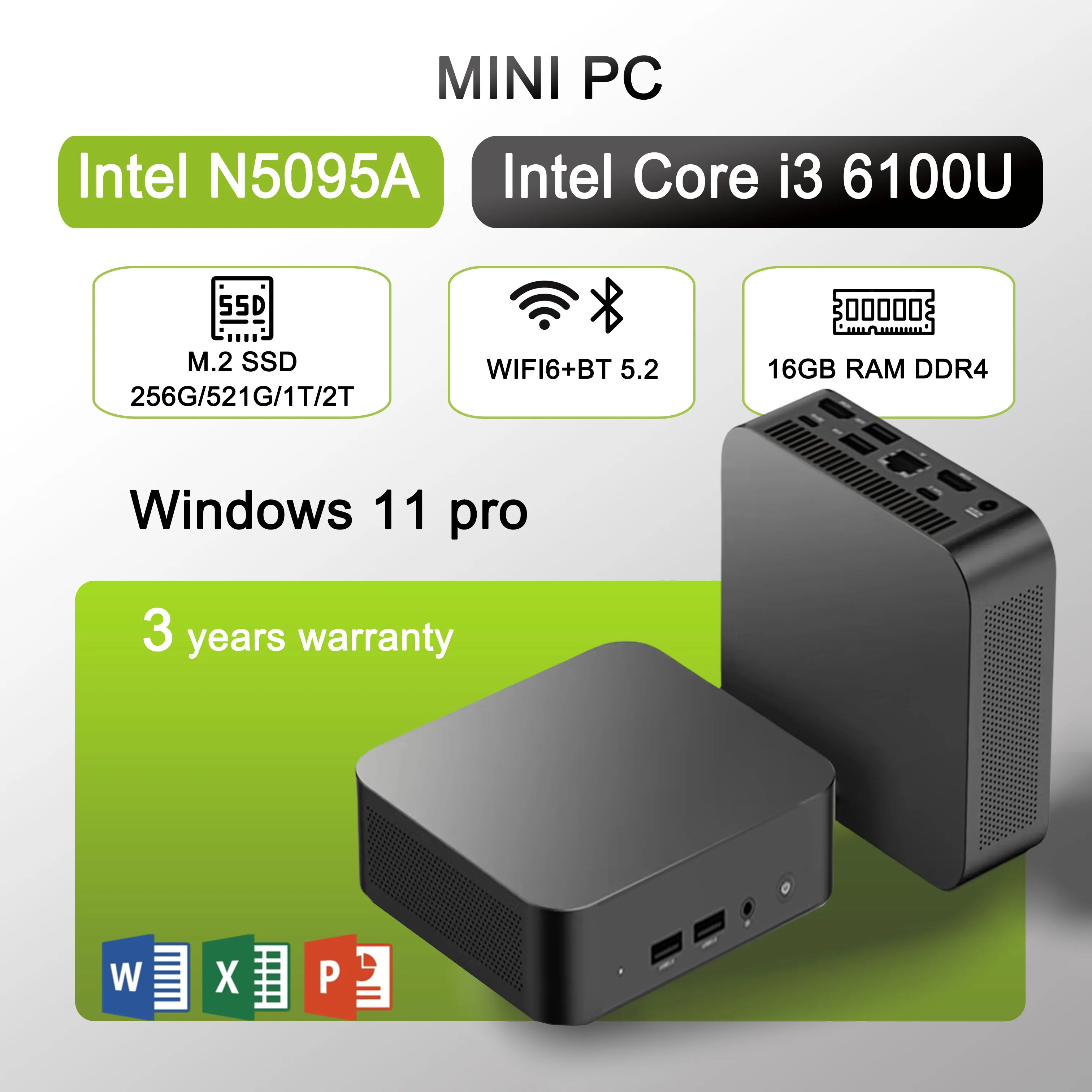 Mini ordinateur Intel Core i3 6100/Intel N5095 16 Go DDR4 1/2 To SSD 4K HD Mini PC de jeu de bureau compatible Windows 11