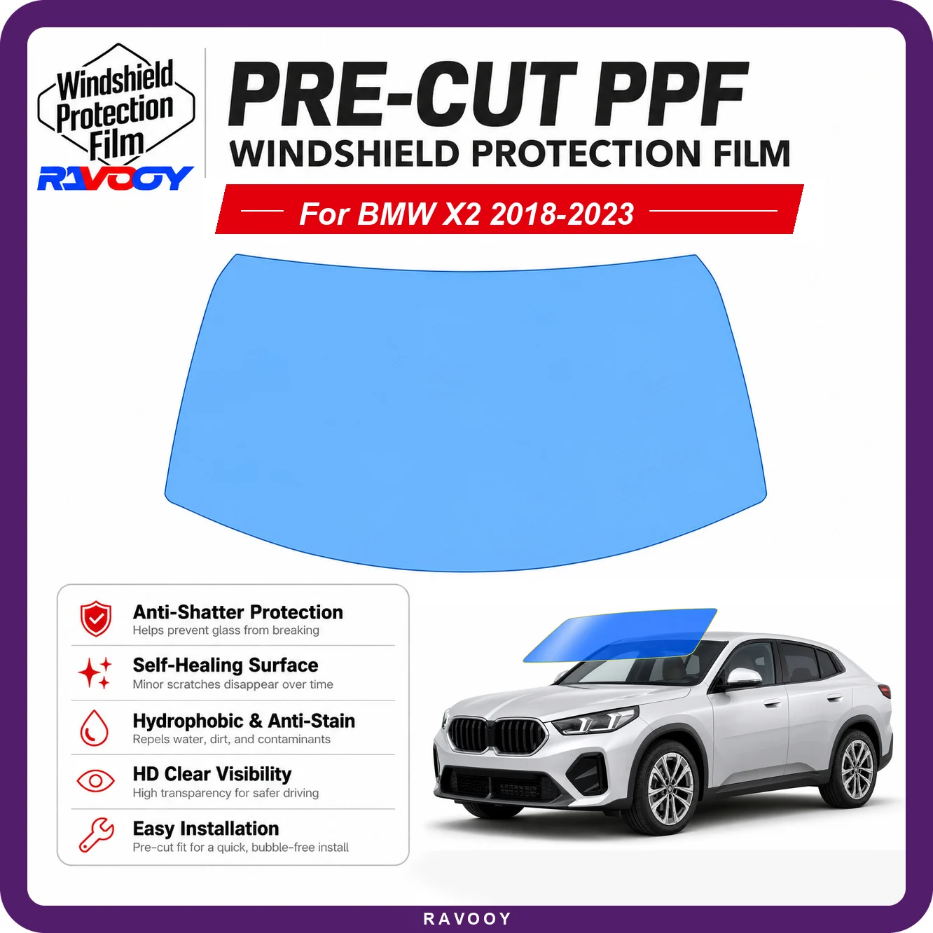 RAVOOY Pre-Cut Front Windshield Protection Film For BMW X2 4D SUV 2018-2023 6.5mil Clear TPU UV Blocking Hydrophobic Tool Kit