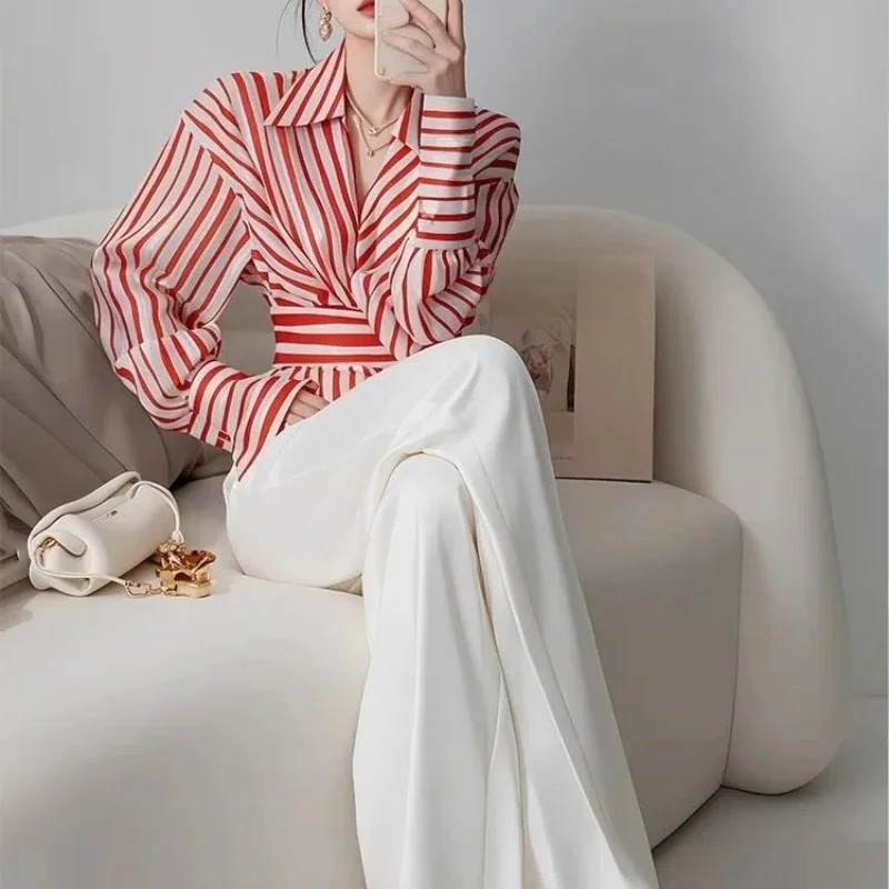 Odzież damska Temperament Striped Short Shirt Tops Polo Neck Slim Pleated Fashion Blouse Elegant High Street Spring Autumn New — zdjęcie 2