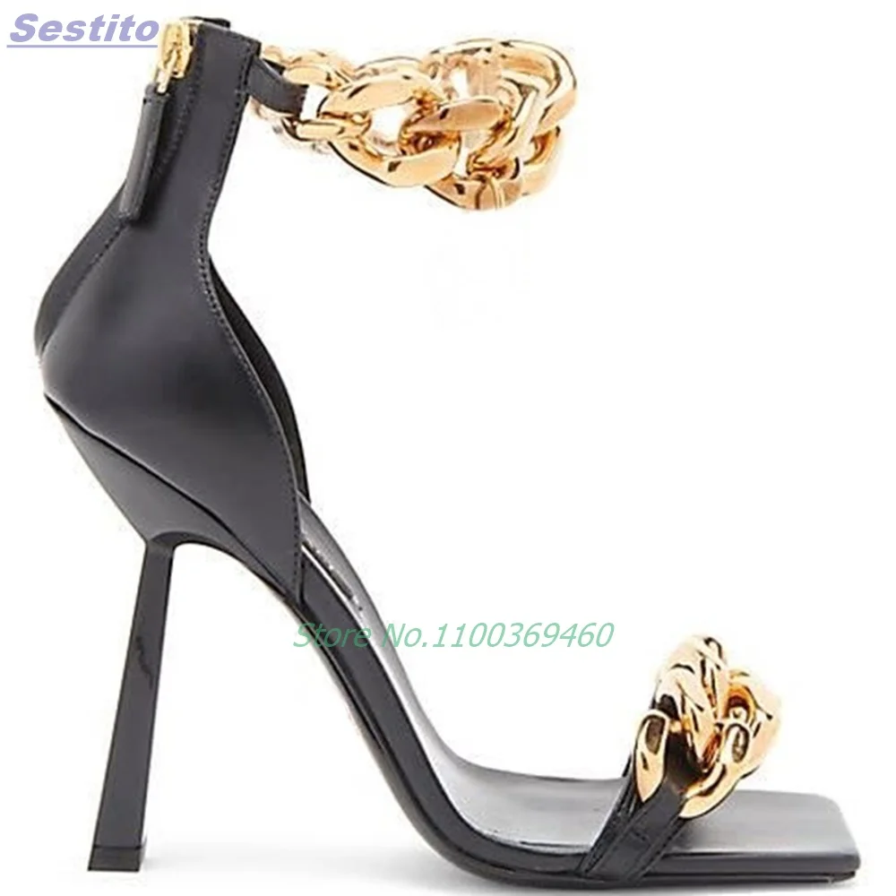 Metal Chunky Chain Square Toe Sandals Stiletto High Heels Back Zipper Ankle Strap Solid Color Cover Heel Sexy Women Shoes Modern