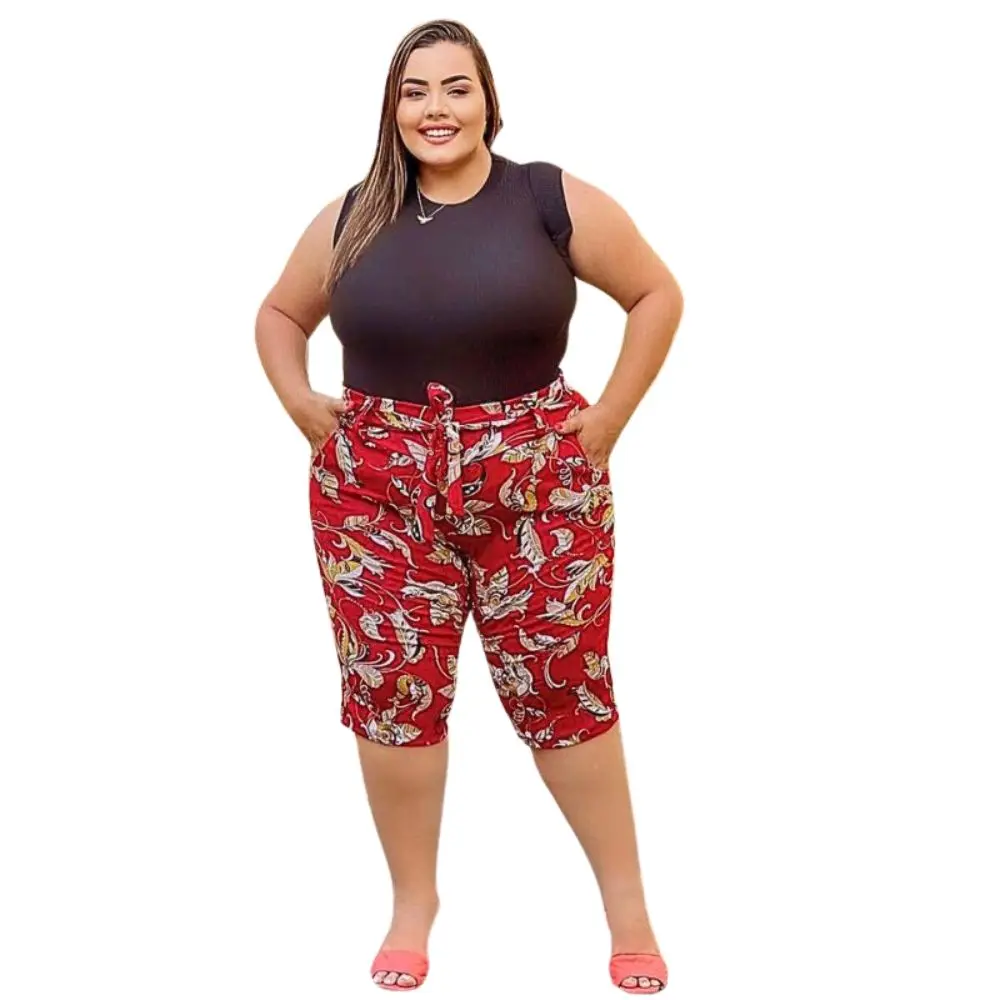 Calça Capri Plus Size Ciclista Com Laço E 2 Bolsos Tecido Soltinho Cigarrete