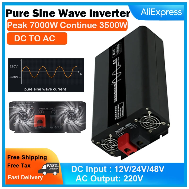 7000W Pure Sine Wave Inverter Input12Vdc/24Vdc/48Vdc , Output 220VAC, DC TO AC Inverter, Security Upgarde