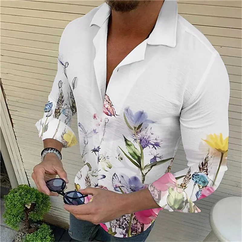 Fashion Men's Floral Cotton Elastic Lapel Shirt Casual Festival Outdoor Street Blue Purple Button Top Plus Size New 2023