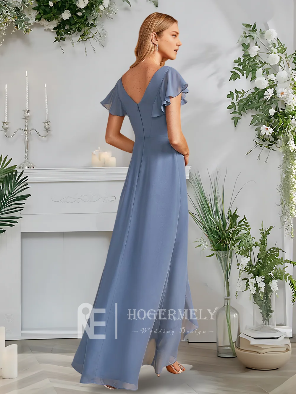 

A Slate Blue A-Line V-Neck Asymmetrical Chiffon Bridesmaid Dress With Ruffles Short Sleeve Wedding Party Guest Evening Women