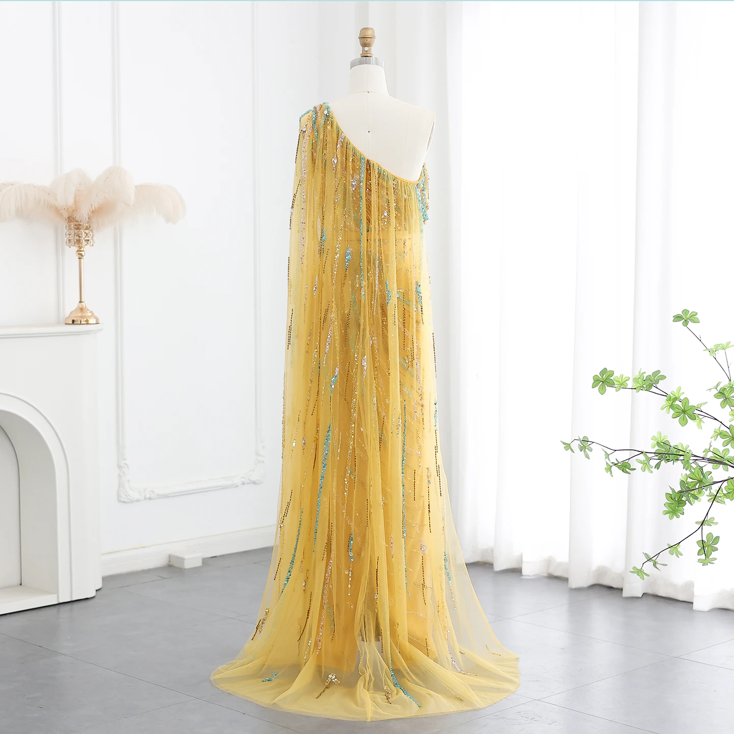 Sharon Said Luxury Dubai One Shoulder Dubai Gold Yellow Evening Dress with Cape Women Wedding Formal Party Gown SS423 Customized image 6