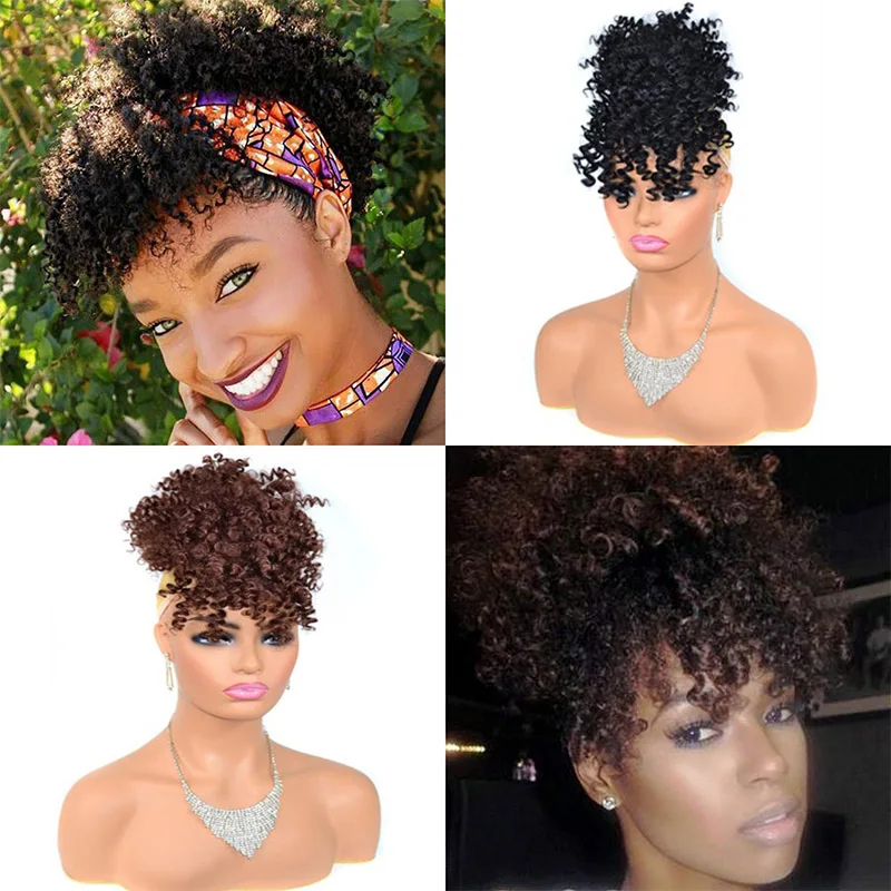 Afro Puff sznurkiem syntetyczny kucyk kok z grzywką krótki perwersyjne kręcone kucyk Updo doczepiane włosy z klipsami żaroodporne