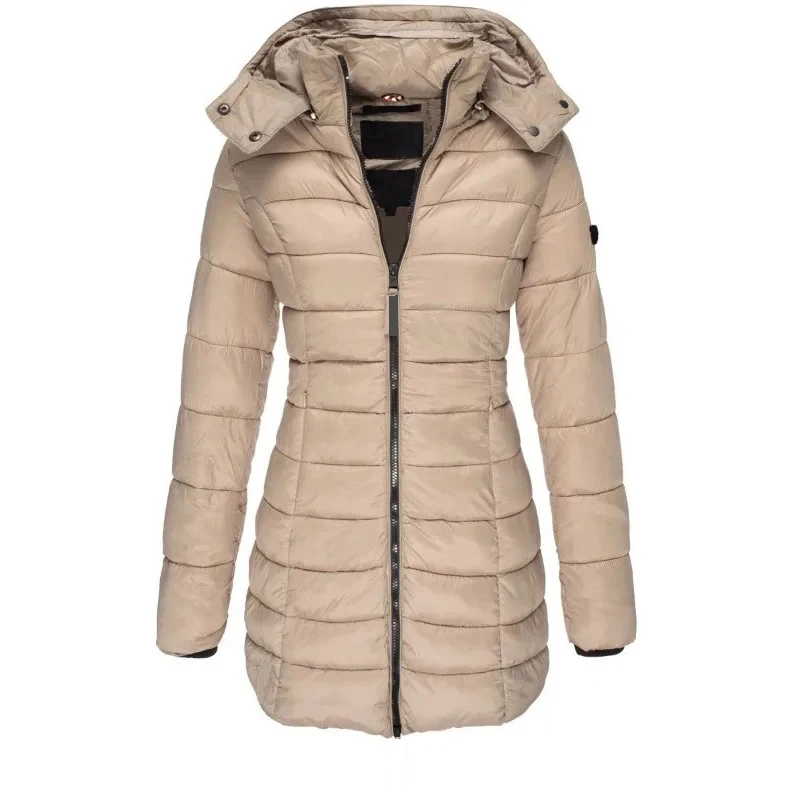 2024 Winter Women Zipper Thick Warm Parkas Solid Color Casual Hooded Long Sleeved Jacket Female Mid-length Slim-fitting Coat Top