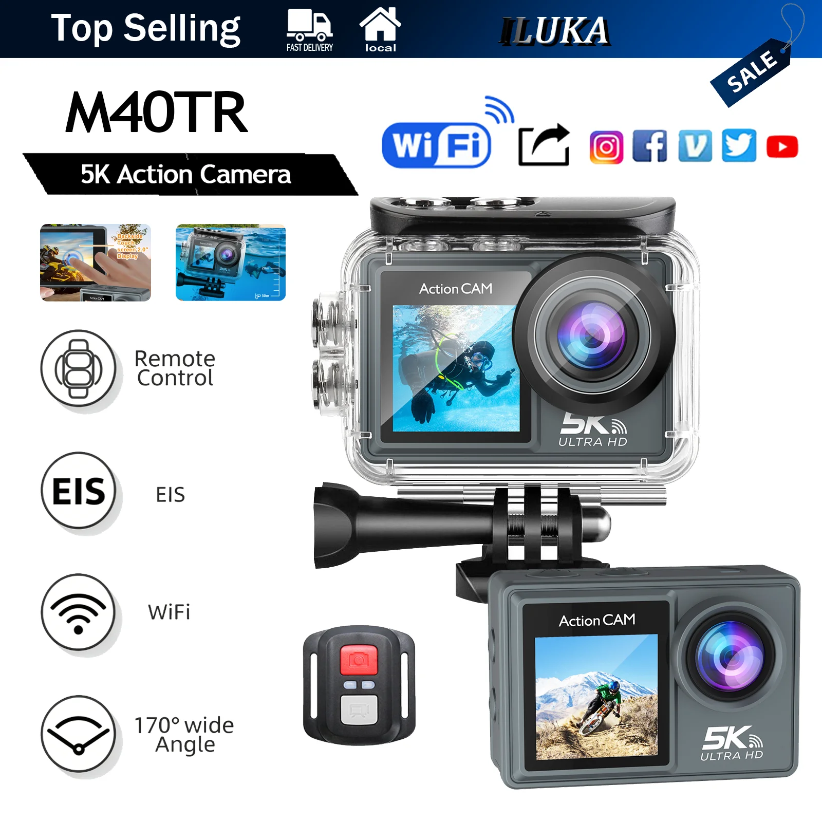 ILUKA M40TR Action Kamera Doppelbildschirm 5K 30FPS 4K 60FPS 50MP Foto EIS Stabilisierung 30M Wasserdicht 2.4G Fernbedienung WiFi Sportkamera 1050mAh Akku 128GB TF Karte Type-C Tauchen Radfahren
