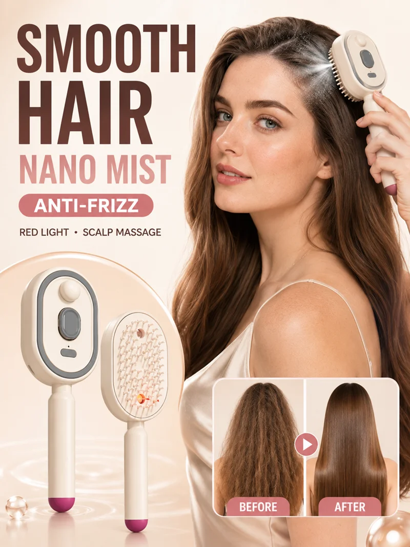 ウェットエレクトリックヘアブラシ、ウォータースプレー付き充電式スチームヘアストレートナー、長髪と短髪両用、縮れ防止ヘアブラシ