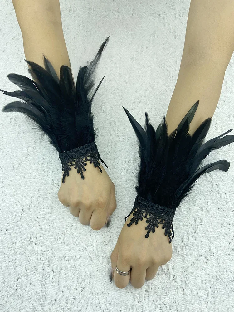Mancommuniste en plumes naturelles pour cosplay, poignets en dentelle, gants en fourrure, accessoires de carnaval, costume de spectacle sur scène, fête