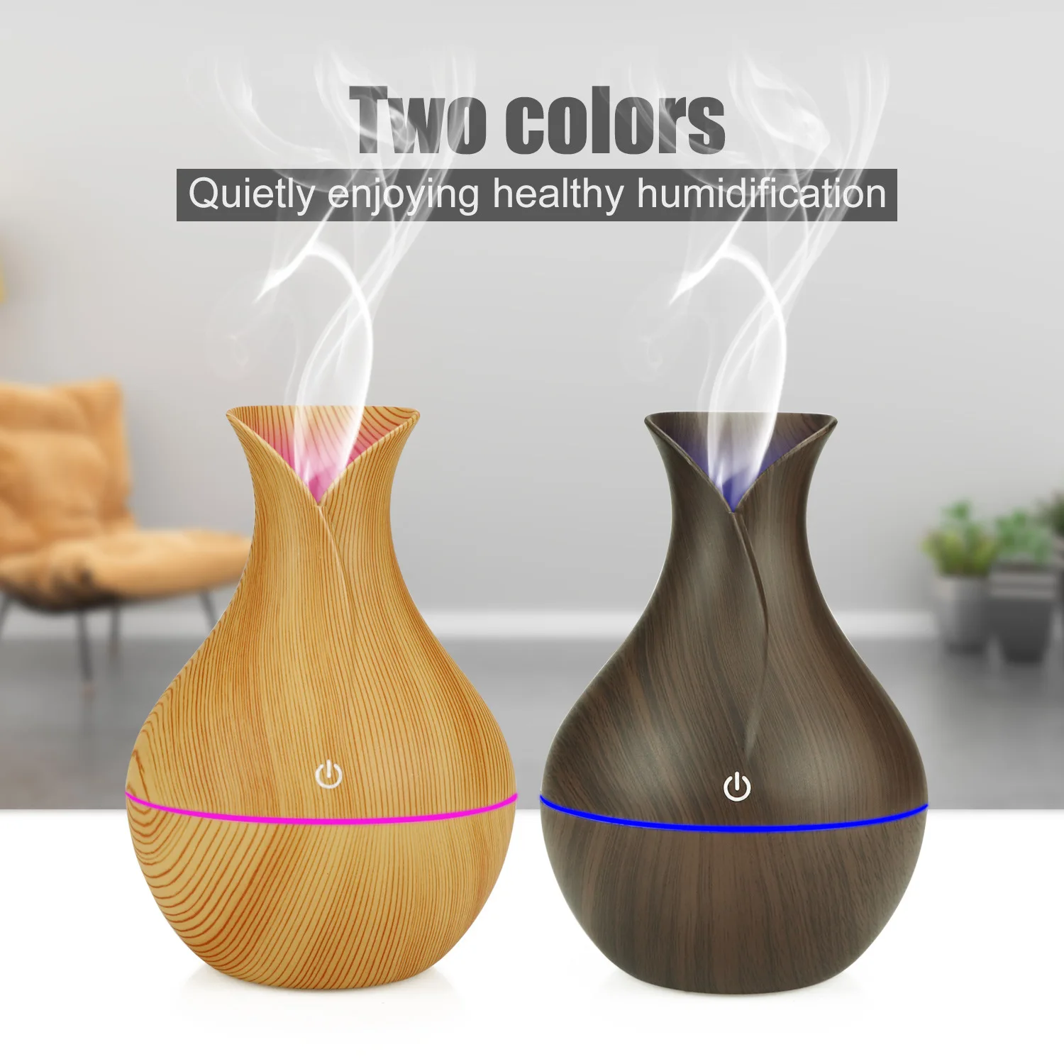 Electric Air Humidifier ไม้ Grain Essential ก้านปักน้ำมันหอมระเหยแบบพกพาอัลตราโซนิค USB ละอองขนาดเล็ก LED Light สำหรับ Hom