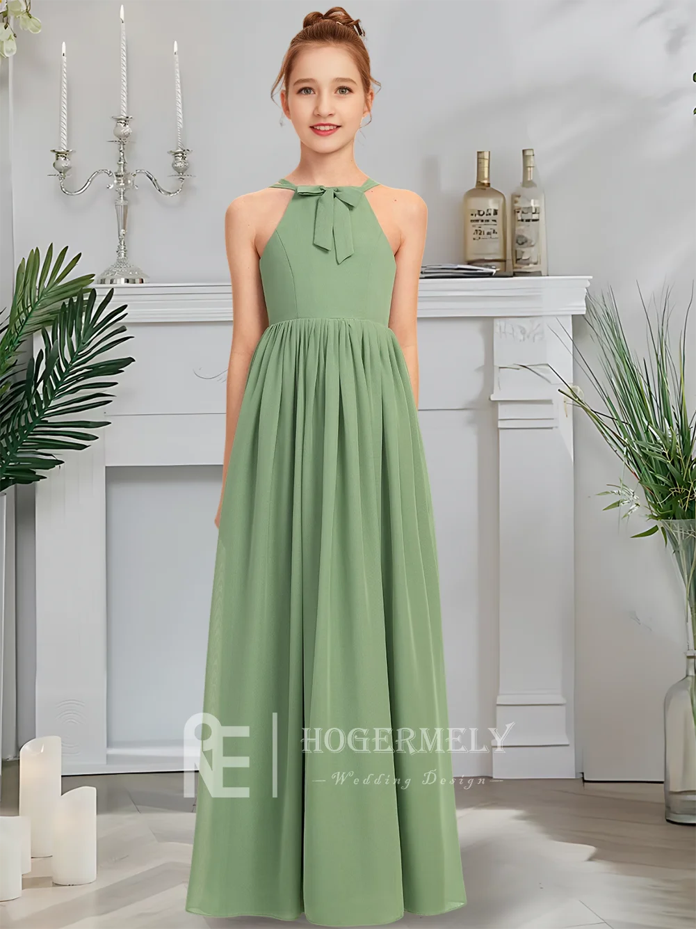 Elegante linha a halter chiffon renda júnior vestido de dama de honra prata flor menina vestido de casamento até o chão babados em cascata