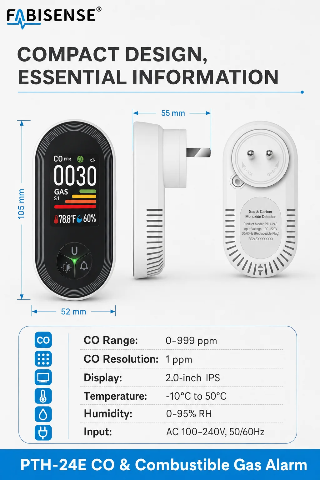 FABISENSE 4-in-1 Plug-in-Kohlenmonoxid- und Gasdetektor, CO-Alarm, Gasanalysator-Display mit Feuchtigkeits-/Temperatursensor für Zuhause – Detail 10