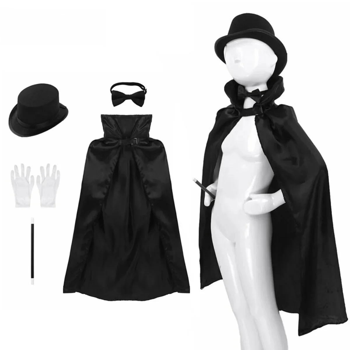 Kids Goochelaar Rollenspel Kostuums Outfit Jongens Meisjes Halloween Magician Dress Up Cosplay Set Top Hat Magic Cape Wand Handschoenen kit - afbeelding 2