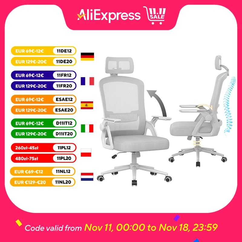 Chaise de bureau ergonomique, avec appui-tête, housse en maille respirante, Support lombaire, chaise d'ordinateur 360 °   Chaise pivotante