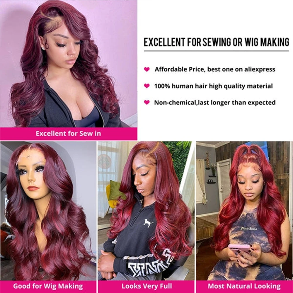 Extensions de cheveux brésiliens Remy Body Wave pour femmes, 100% cheveux humains, tissage Remy, vrai cheveux, vin rouge, # 99j, 3 faisceaux