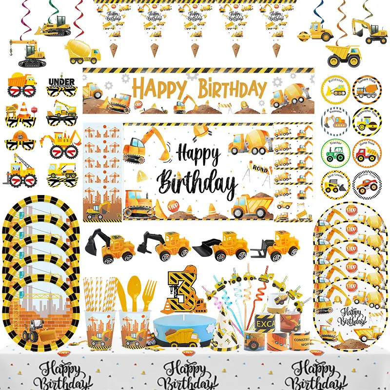 Construction Birthday Party Supplies Disposable Tableware Slap Bracelet Gift Latex Balloon Birthday Decoration Baby Shower