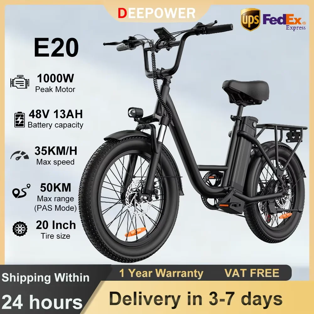 Vélo électrique URLIFE E20 48V 13AH 1000W pour adultes avec écran LED, 7 vitesses, pneus tout-terrain 20*3 pouces