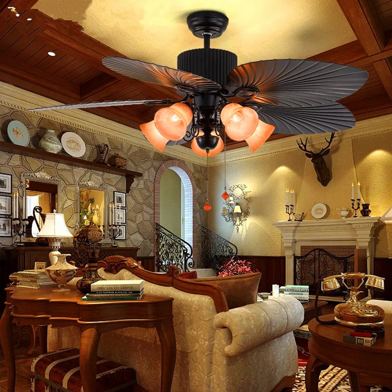 European retro ceiling fan lamp antique simple ceiling fan with E27 light ABS rattan Leaf Restaurant bedroom Home ventilador de