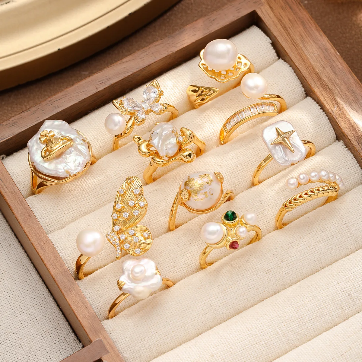 

Кольцо с натуральным пресноводным жемчугом, женское винтажное регулируемое ювелирное изделие премиум-качества в стиле барокко с покрытием из 18-каратного золота и шика