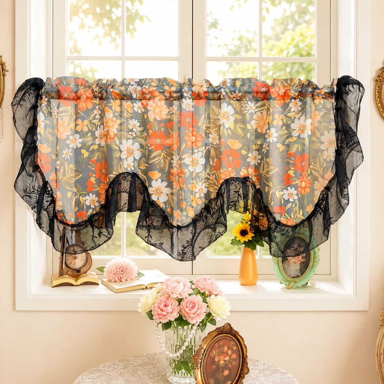Grau-Orange Blumenmuster Transparenter Vorhang mit Schwarzer Spitzenborte, Küchen- und Café-Fenstervorhang