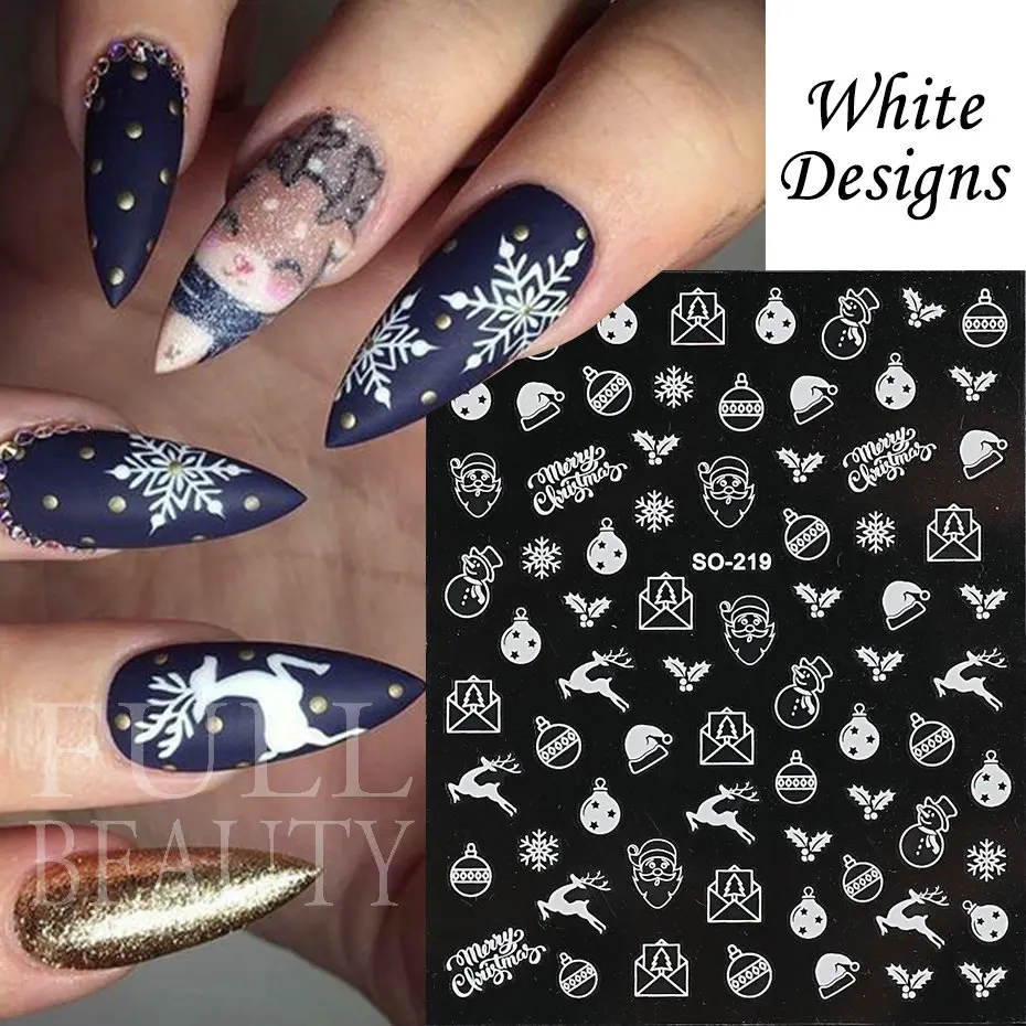 Xmas Nails Stickers White Santa Claus Christmas Bells Tree Deer Sliders Shiny Laser Design Winter New Year Manicure Decal SO-214