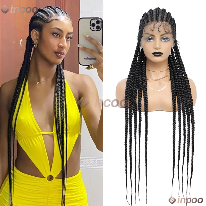 36インチ コーンロウブレイズ ベビーヘア付き 合成ウィッグ 360フルレースウィッグ 黒人女性用 ボックスブレイズ ブラックウィッグ
