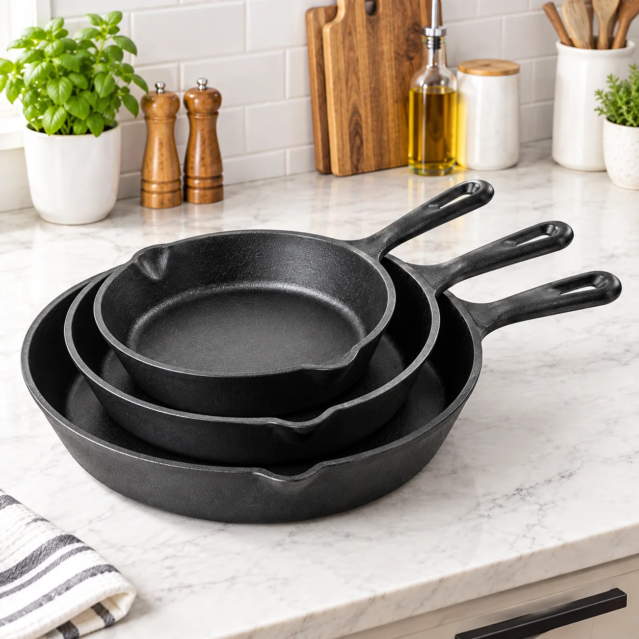 Cast Iron Skillet Set 3-Piece Pre-Seasoned Cast Iron Frying Pan with Helper Handle Pour Spout, Non-Stick Cooking Pan for Stove Oven Grill, Ship from USA