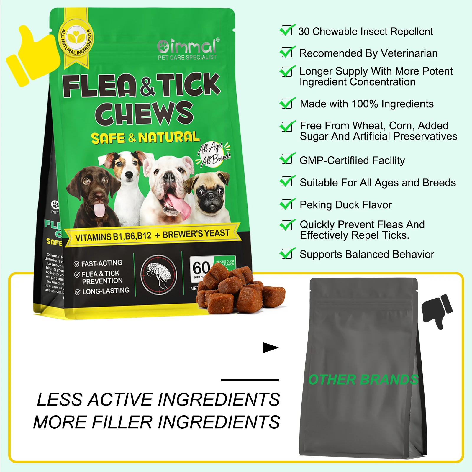 Flea and Tick Prevention for Dogs 60 Chewables Natural Flea and Tick Supplement Fast Acting Long-Lasting for All Breeds and Ages