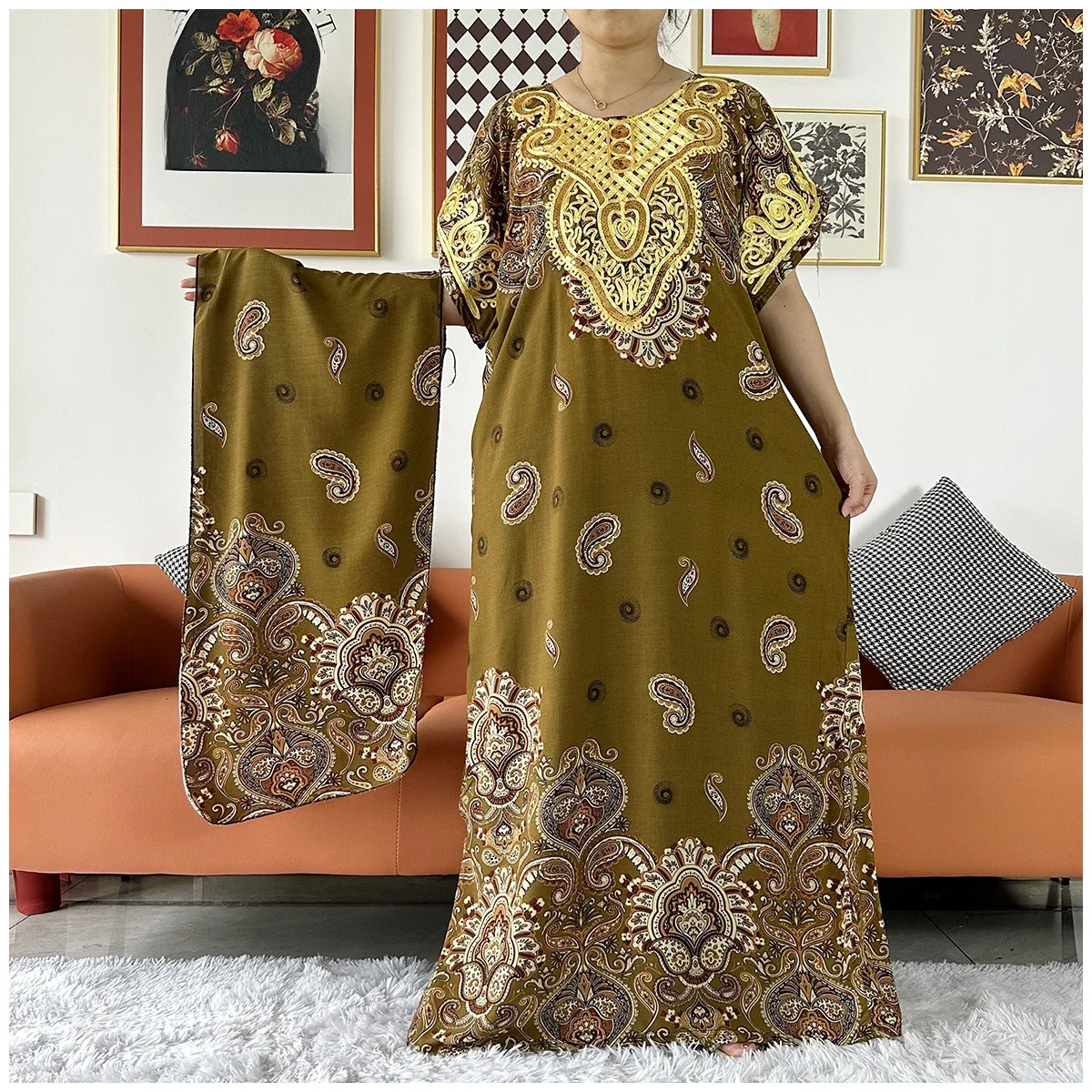 Caftan en coton à imprimé floral africain Dashiki pour femmes, robes Maxi décontractées d'été avec écharpe, robe éducative à manches courtes, 2 pièces