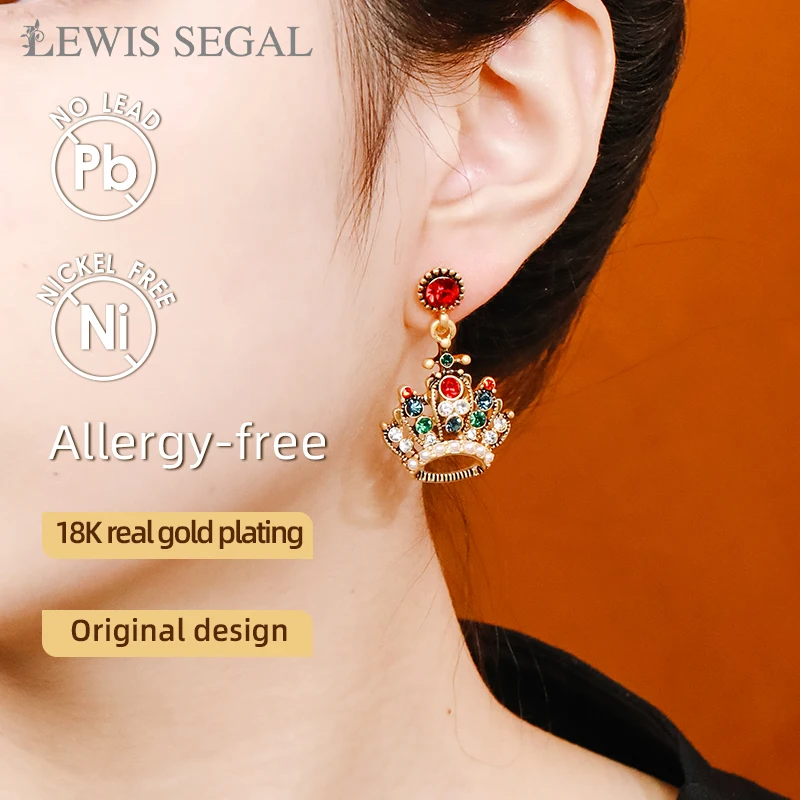 LEWIS SEGAL 18K Gold Crown Dangle Earrings for Women Multi-colored Czech Stones Medieval Style Fine Jewelry Party Wedding Gifts