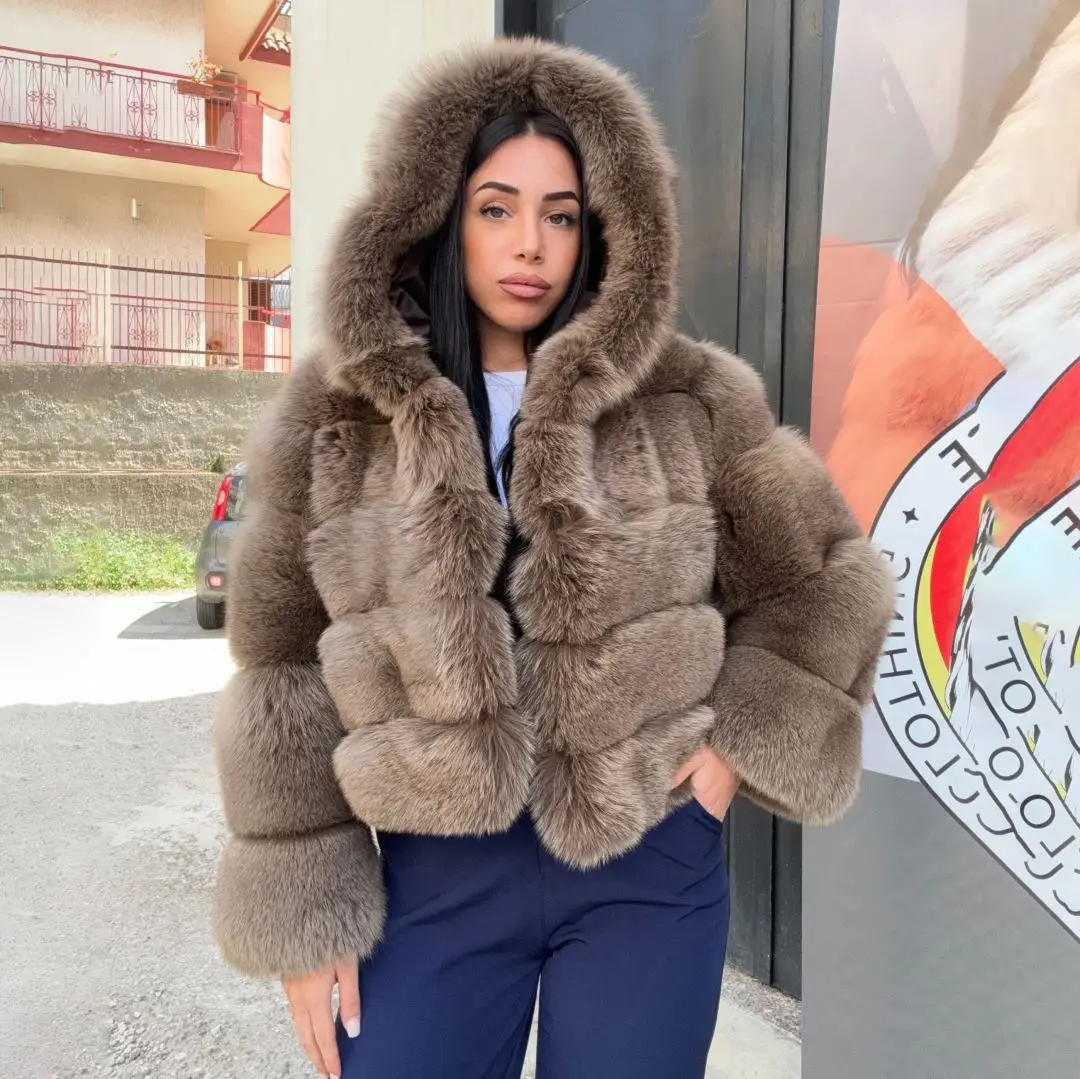 

High Quality Women Fashion Real Fox Fur Jacket with Hood Winter New Trendy Genuine Leather Natural Fox Fur Woman Luxury Overcoat