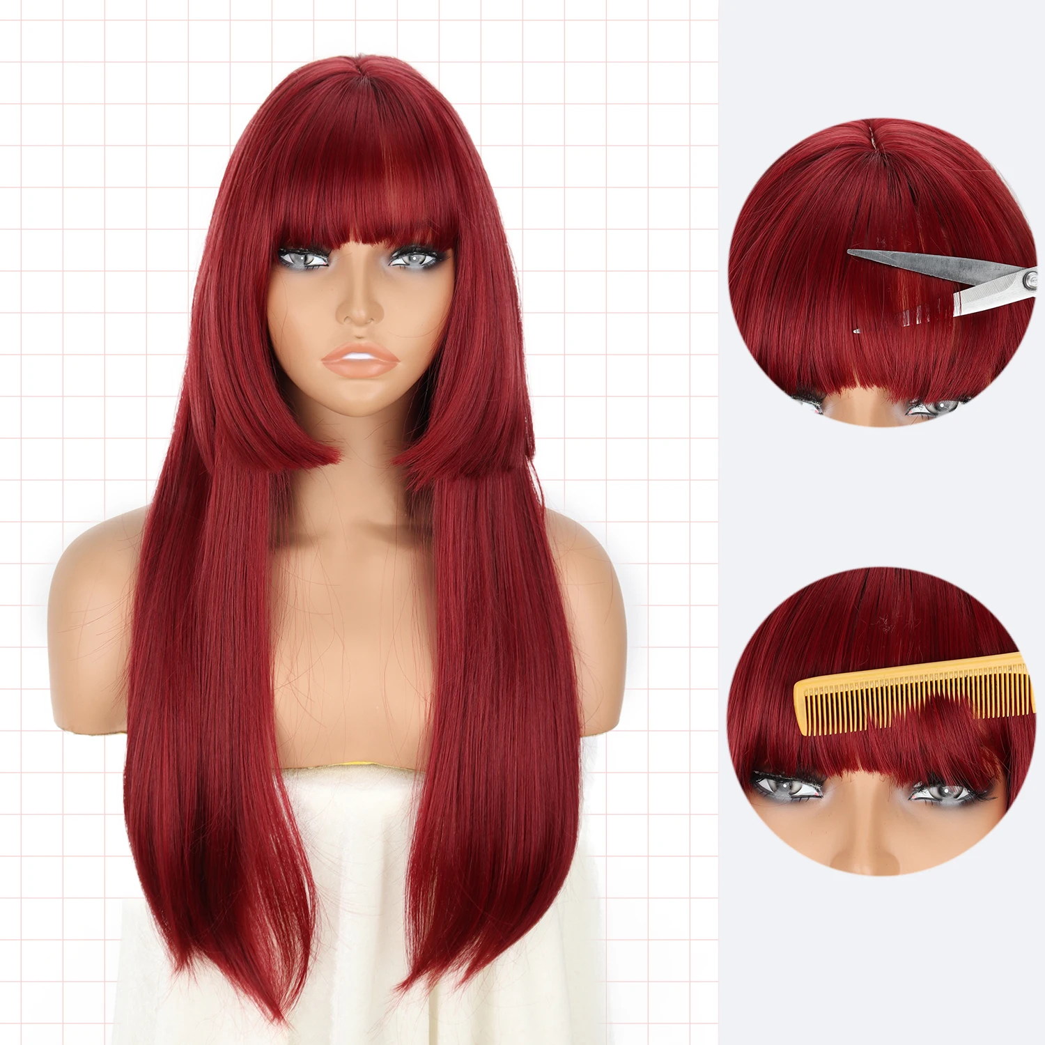 Synthetic High Heat Resistant Material Red Princess Cut Fringe Wig The Whole Wig is Suitable For Daily Wear