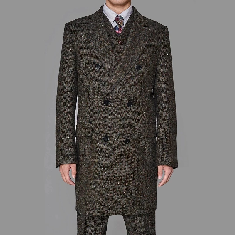 New Fashion Winter Mens Suits HerringboneThree-Pieces Suit Tweed Vintage Business Formal Jacket Vest And Pants Costume Homme