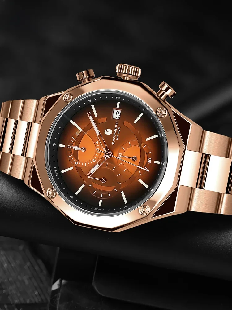 SAPPHERO Roségold Chronograph Herrenuhr Luxus Edelstahl Quarzuhr Business Wasserdicht Leuchtende