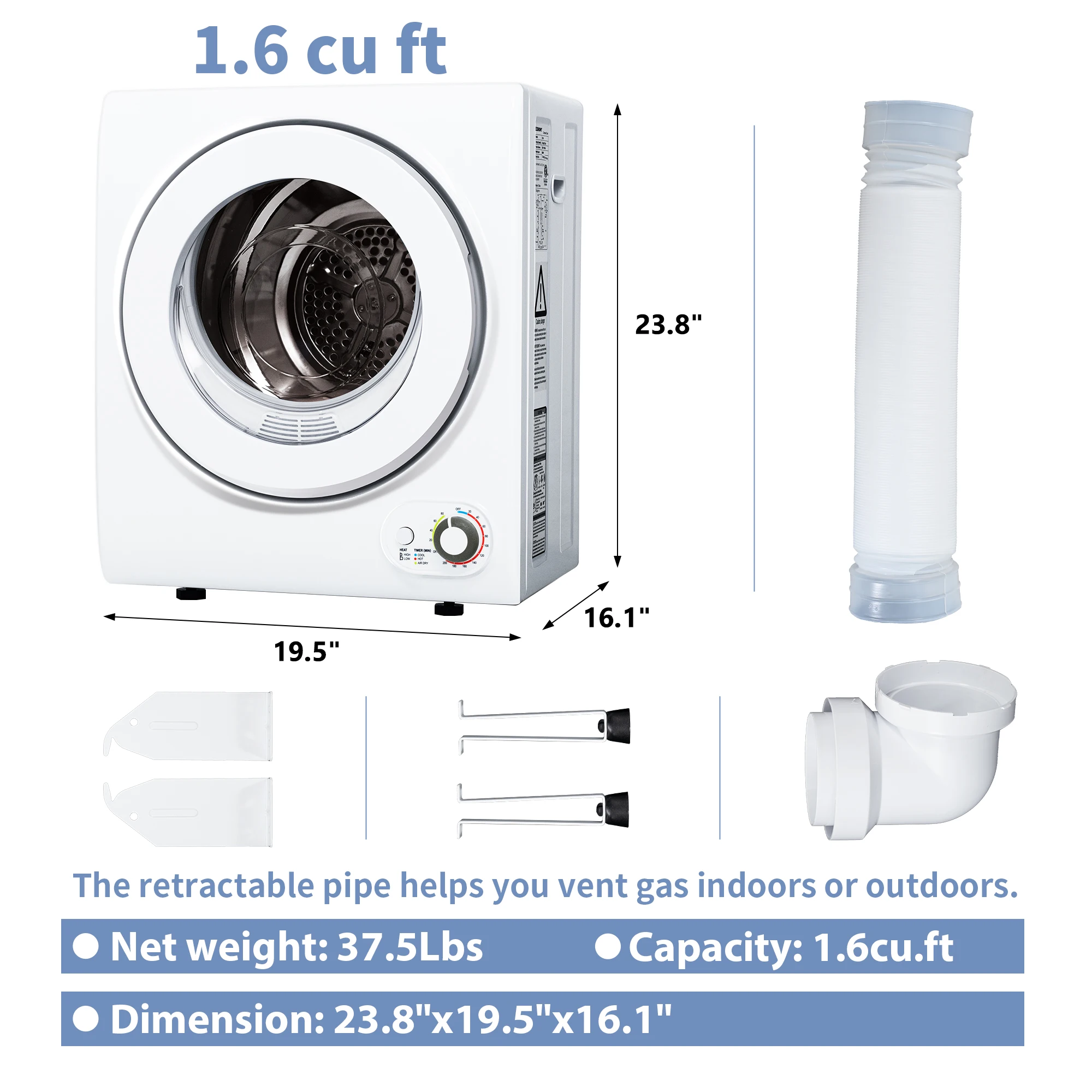 SIMZLIFE Compact Laundry Clothes Dryer 110V 850W 1.5 cu.ft Load With Stainless Steel Tub for Apartment RVs 3 Drying Modes