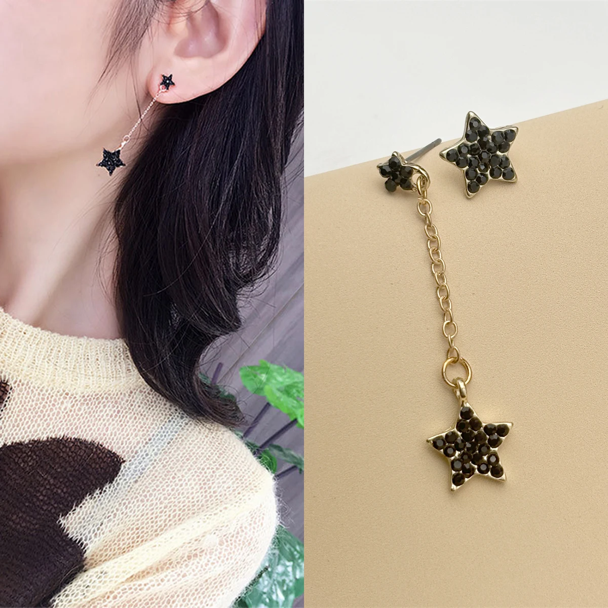 CARTER LISA Fashion Chain Long Asymmetrical Earrings Black Crystal Star Geometric Drop Earrings For Women Party Gift Ear Jewelry