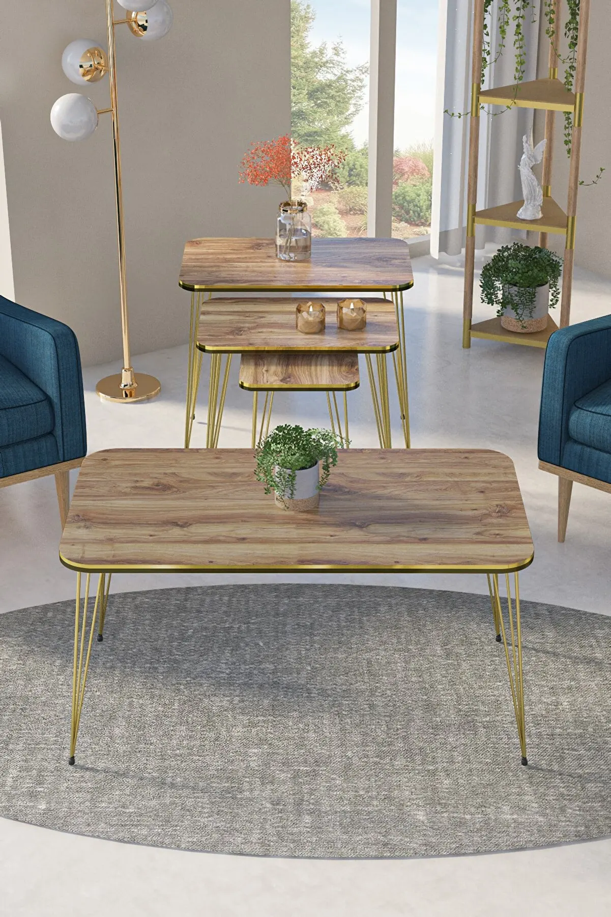 Modern Nesting Table And Center Table Rectangle Set Of 4pcs Nordic Silver Metal Wire Leg De-Assembled Tea Coffee Serving Table L