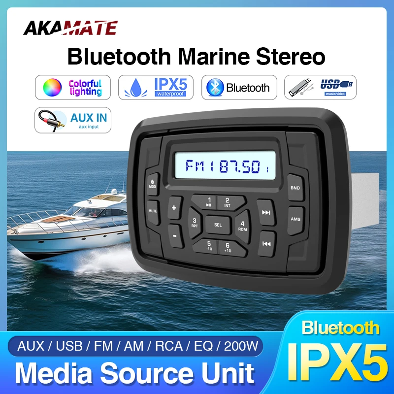 AKAMATE Marine Stereo Boat Radio FM AM MP3 Media Player Wodoodporny odbiornik Bluetooth USB AUX EQ dla UTV ATV SPA RZR IPX5