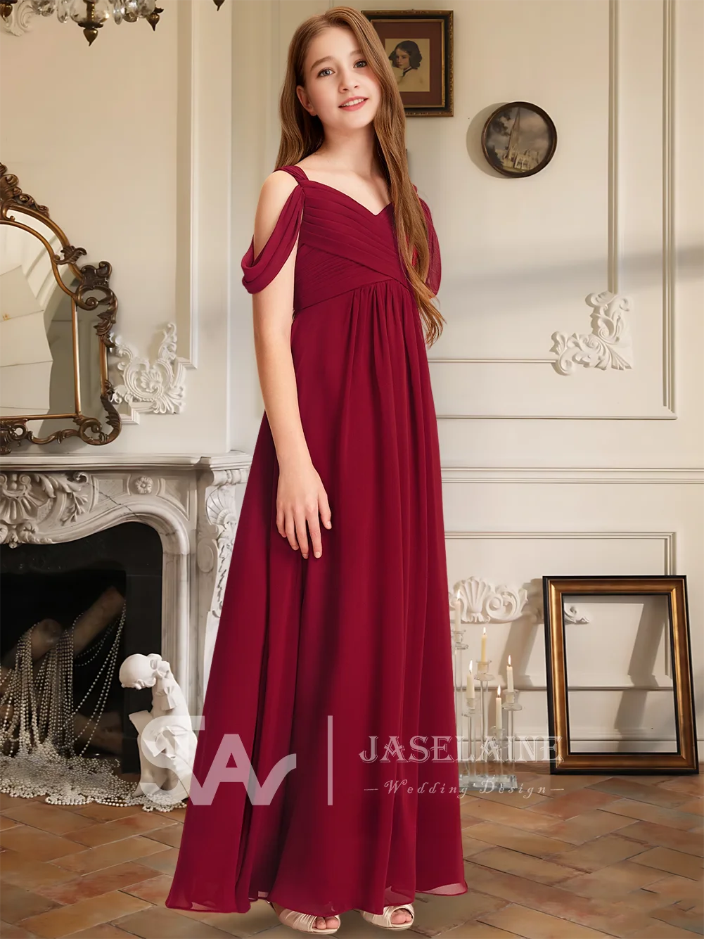 

Детское шифоновое платье трапециевидной формы с открытыми плечами длиной до пола, платье подружки невесты для девочек, праздничное свадебное вечернее платье для девочек